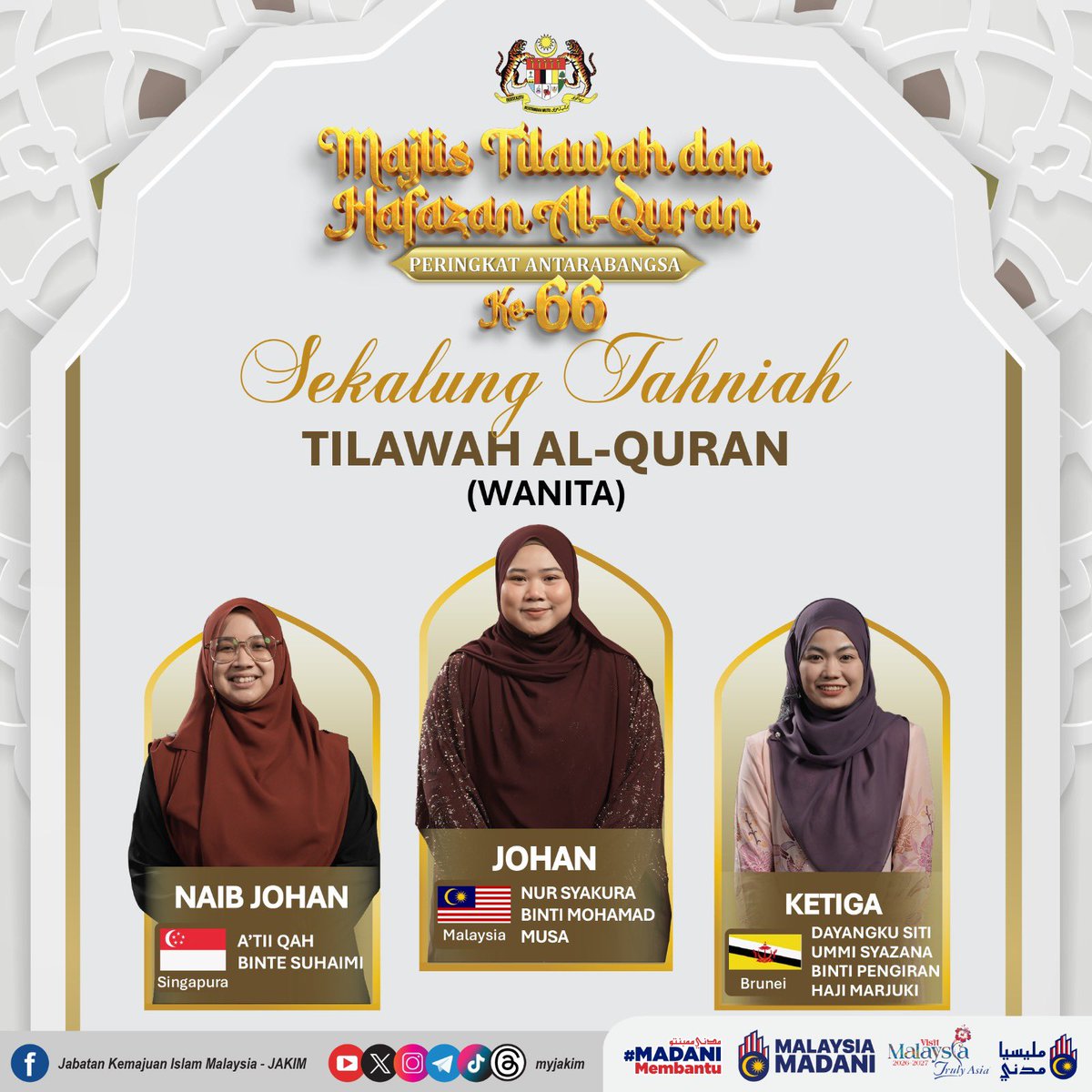 MyJAKIM's tweet photo. Sekalung ucapan TAHNIAH buat para pemenang Tilawah Al-Quran (Kategori Wanita) sempena MTHQA Kali Ke-66 Tahun 2026

Johan: Nur Syakura binti Mohamad Musa (Malaysia) 
Naib Johan: A’tii Qah binte Suhaimi (Singapura) 
Ketiga: Dayangku Siti Ummi Syazana (Brunei) https://t.co/t80XzORt91