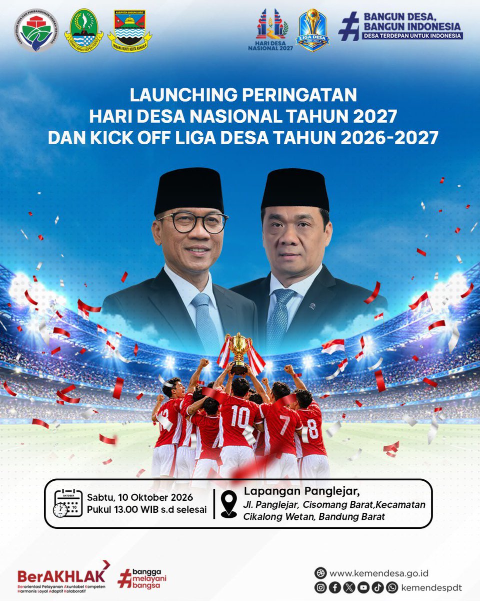 kemendespdt's tweet photo. Sobat Desa, hari yang dinantikan telah tiba! 

Hari ini, 10 Oktober 2026, rangkaian Hari Desa Nasional (HDN) Tahun 2027 resmi dimulai melalui launching HDN 2027 sekaligus kick off Liga Desa Tahun 2026–2027 di Lapangan Panglejar, Kabupaten Bandung Barat, Jawa Barat. https://t.co/Pe7tAIiIvH