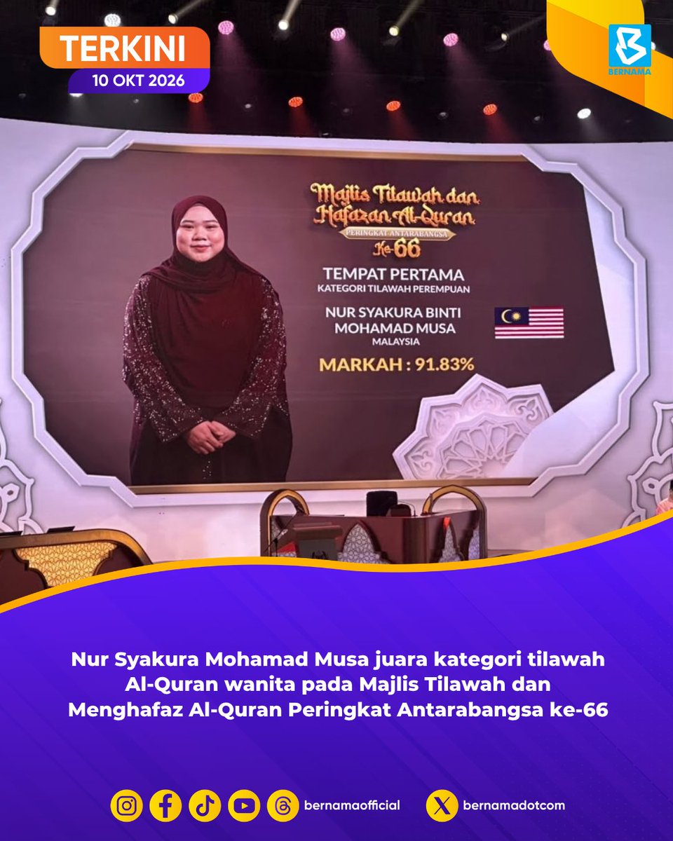 bernamadotcom's tweet photo. [TERKINI] Wakil Malaysia, Nur Syakura Mohamad Musa, dinobatkan juara kategori tilawah Al-Quran wanita pada Majlis Tilawah dan Menghafaz Al-Quran Peringkat Antarabangsa ke-66

#TilawahAlQuran 
#BernamaNews 
#Malaysia https://t.co/D7LIMRKH7R