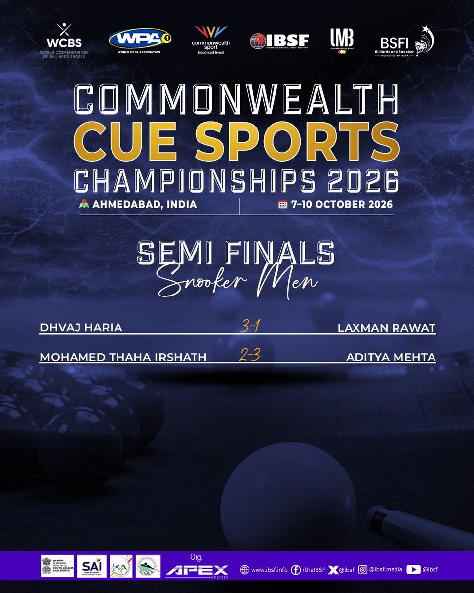 ibsf's tweet photo. The Results Are Out
The Final Awaits! The Menโs Billiards semi-finals deliver another crucial update from the Commonwealth Cue Sports Championships 2026.
#CommonwealthCueSports #MensBilliards #CueSports #BilliardsChampionship #Ahmedabad2026 https://t.co/9oyCobzLjV