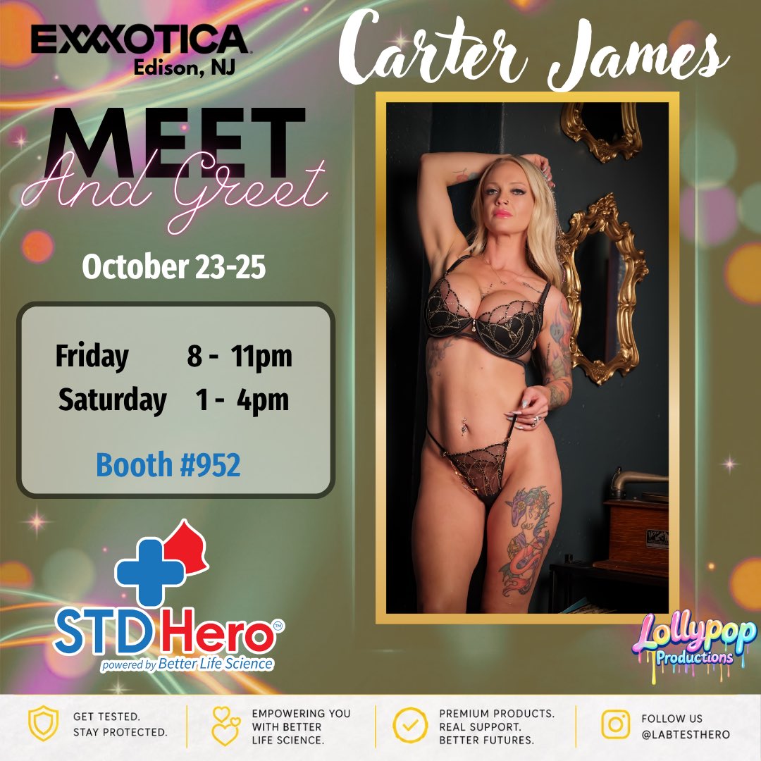StdHero's tweet photo. The one and only @CJHotwife is gracing the STDHero Booth (#952) Oct 23 &amp; 24 at @EXXXOTICA Edison.
Come get your picture or autograph from the beautiful and sexy Carter James while she’s there. You know you want to. 😏@Mr_TJClean 
#Exxxotica #CarterJames #STDHero https://t.co/vBInTwqrQ4