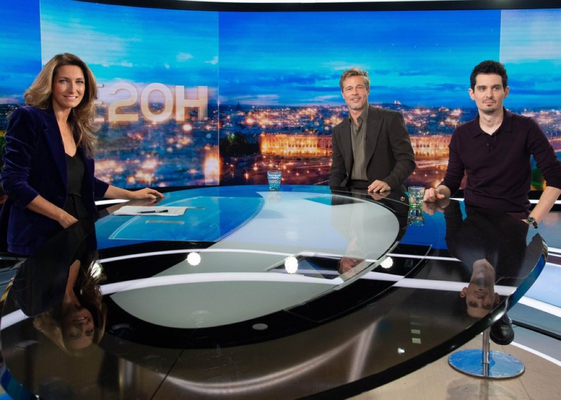 AnneClaireCoud's tweet photo. Il est venu nous raconter son amour du cinéma! Avec #DamienChazelle, le réalisateur de #Babylonlefilm, #BradPitt était sur le plateau de #TF1 cet après-midi. Rdv demain dans le journal de #LE20H @TF1Info @TF1. Hâte de partager cette belle rencontre avec vous 😉 https://t.co/Zwh8UQ34Oz