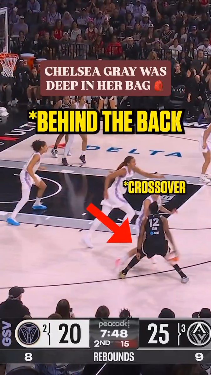 A WNBA basketball game screenshot shows Chelsea Gray (#12) executing a behind-the-back crossover move; on-screen text reads '*BEHIND THE BACK' and '*CROSSOVER' with the score showing GSV 20 and the opposing team 25 at 7:48 in the 2nd quarter.