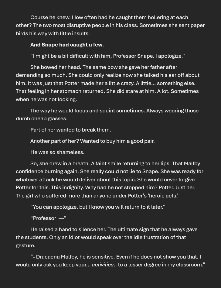 DatingSims's tweet photo. Malfoid AU! Snape has an 'interest' in how often Malfoid gawks at Harry short fic. 

It's very funny to me the idea of Malfoid spilling her spaghetti when someone pokes. https://t.co/HBZHQMM8FJ