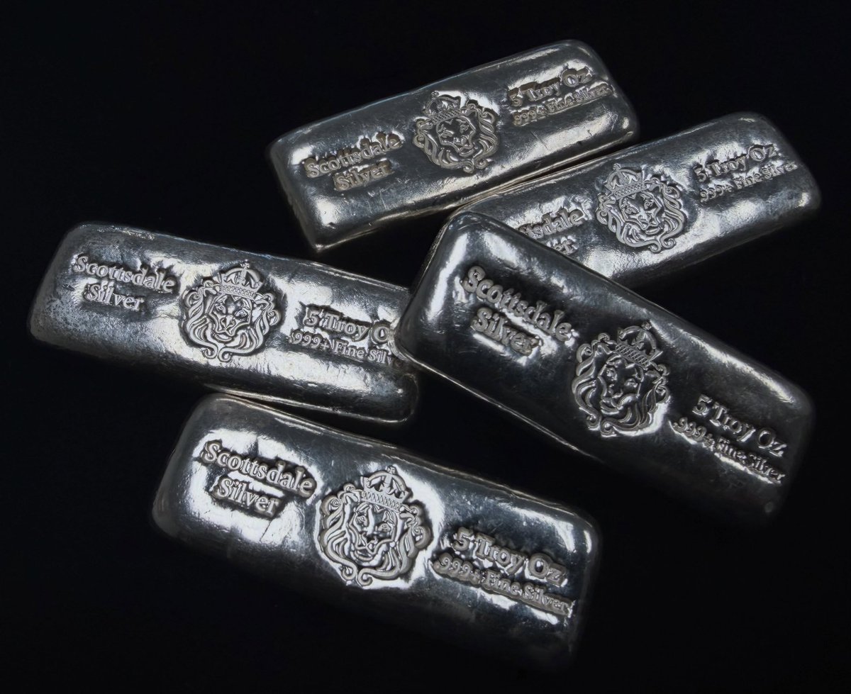 BullionVaultt's tweet photo. SPOT DEAL! 
Scottsdale Mint 5 oz Silver Bars.
 $304.70 each + shipping
22 available  6 already sold!
Who’s adding Scottsdale silver to their stack? 
#ScottsdaleMint #SilverBars #SilverBullion #SilverStacking #SilverStackers #SilverCollector #Bullion #PreciousMetals https://t.co/TTB2EC92um