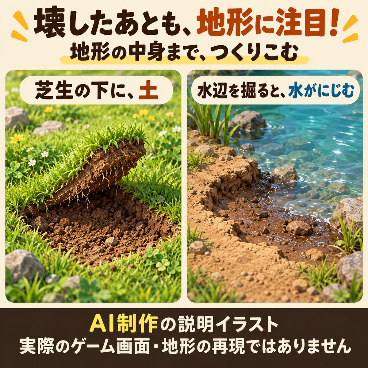 mitarashi_base's tweet photo. 『バナンザ』、壊した地形の中身までつくり込む！🌱

芝生を剥がすと土が見え、水辺を掘ると水がにじむ。
2025年の任天堂公式インタビューで紹介された工夫。

次は、壊したあとの変化にも注目。
画像はAI制作の説明図です。
https://t.co/sh1uRugJJ0
#ドンキーコング #バナンザ #ゲーム制作 https://t.co/MenLO41NIj