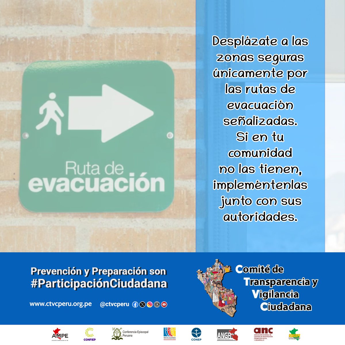 ctvcperu's tweet photo. #CTVCalerta | Es muy importante tener rutas de evacuación señalizadas para un desplazamiento seguro durante una emergencia. Si en tu hogar o comunidad no hay, organízate en familia o solicita a tus autoridades o líderes su implementación.
📍Prevención es #ParticipaciónCiudadana https://t.co/OeqKKU4Web