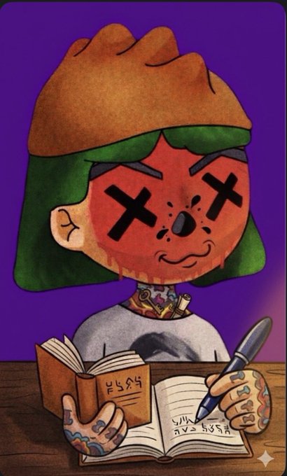 An illustration of a stylized character with a red face, X-shaped eyes, and a green hood writing in a notebook filled with indecipherable symbols, with the number '6659' visible on the page.