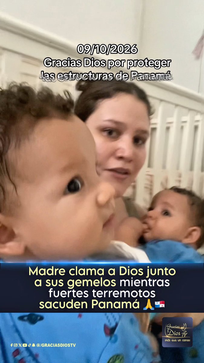 A TikTok-style video still dated 09/10/2026 showing a mother holding her twin babies, with text thanking God for protecting structures in Panama during strong earthquakes, watermarked "GRACIASDIOSTV".