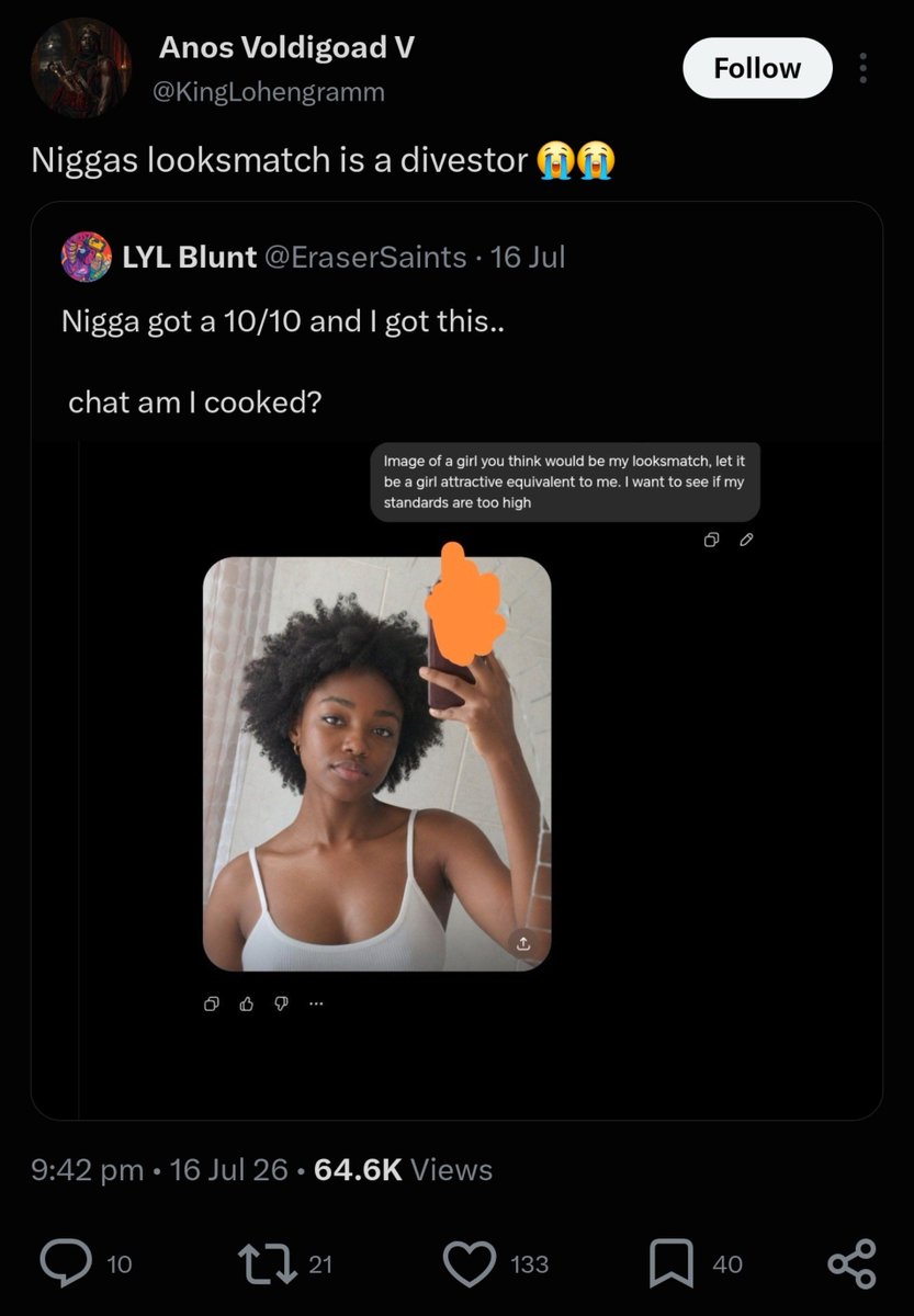 bextria's tweet photo. Same nigger that sees a AI black women &amp; thinks of her taking White dick btw. You are the #biologicallydefeated &amp; #biologicallyconquered you great great great grandaddy was a White man😂 go look up the origin of your surname lil blk boi cuck. https://t.co/KTFvB6C1wn