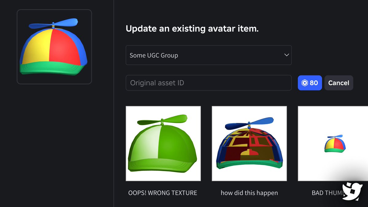 Roblox_RTC's tweet photo. Roblox UGC creators can now overwrite and update their existing items for 80 Robux.

This will allow creators to correct mistakes on their items without having to upload an entirely new item. https://t.co/un4nB13rVa
