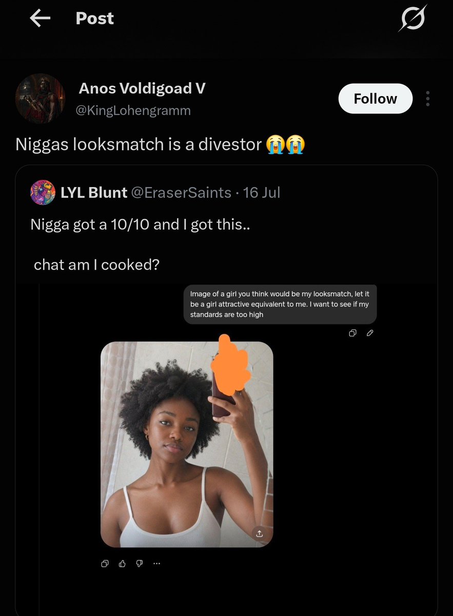 bextria's tweet photo. @solarequinoxv2 @KingLohengramm This mf saw a pic of an AI black woman &amp; thought of her race mixing(divestor they call them)  he's literally a cuckold https://t.co/V7rKHYDyXJ