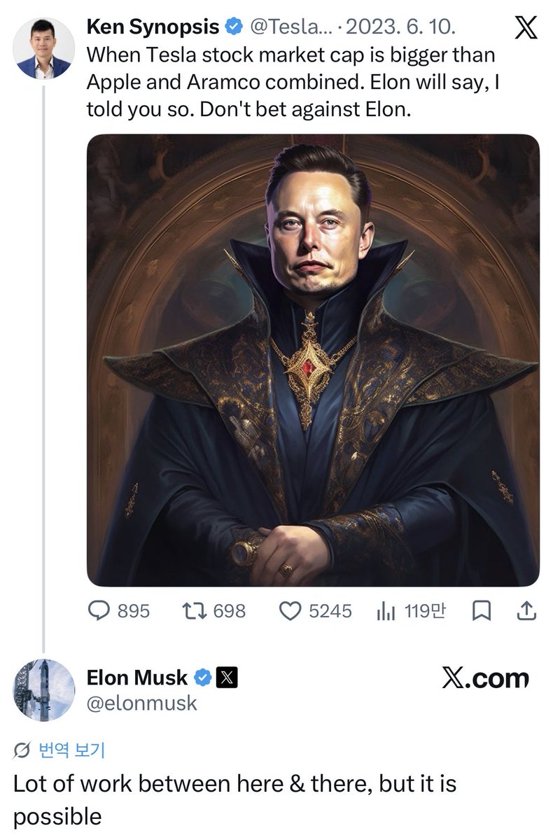 TeslarkMan's tweet photo. 외람된 말씀이오나,
스페이스X $1000T 를 언급하기 이전에,

3년 전에 언급하신 2028년 테슬라 시총 10X 부터 달성하시는 것이 어떨런지요? $10T도 안되는군요..

다만 2년도 안남았습니다.

그외에도 너무 많은 것들을 언급하셔서..
그것부터 달성 하심이.. https://t.co/lxqOYxEAZB