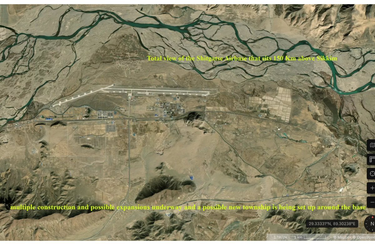OsintNightmare's tweet photo. New set of Satellite Images of the Chinese Buildup along Indian Border , this is quite alarming if you look from the perspective of India as chinese buildup keeps on going up and up while Indian Buildout remains extremely lack lusture , nonetheless we will look at a very intresting portion of the buildup which is the famous Shigatse base and the surrounding areas.This base is crucial as it lies above the state of Sikkim and overlooks the Siliguri coridor.

1)From area of 87XF+VR5 Jiangdangxiang, Samzhubzê District, Shigatse, Tibet, China this is the infamous Shigatse "peace" airport as coined by the Chinese Government but in reality its a PLAAF military base known as Shigatse Airbase , and let me be clear the amount of buildup in and around this base and the Samzhubze district  is extremely  impressive as well as alarming (over the years we can see whole towns and villages being built up along with the most important infrastructure -Railways , massive highways , Industries(YES , i mean it) as well as Defence ecosystem )now this first image shows the helipads of Shigatse airbase with many PLA helicopters stationed , this is the most usual air vehicle in this base as they regularly conduct training flights , we can also see visible construction going on around the base (see-29.34963°N, 89.27462°E although i would advise not to use G Earth but apple maps or Pixxel/Vantor).

2)more of the Airfield from Shigatse , tha base has temporarily hosted the 5th Gen J-20s during 2024 but its not permenent . the most common fighters you find here are J-11/J-16s along with J-10C sometimes, here in this image we can clearly see J-11/J-16 fighters belonging to the PLAAF and we can also see possible new construction activity for quarters  (29.35087°N, 89.30555°E)

3)Third Image is the overall SAT IMAGE from Shigatse , whats intresting in this Pic is the amount of farming like activity around the base suggesting heightened human activity as this also corelates to heightened construction activity we caqn see (more houses being built , more personnel quarters being constructed , Notice the Highways around the Base and the setrlements and the chinese are even more prepared with Rail line - these things only mean one thing LOGISTICS and remember these infrastructure are incredibly useful for economic engine and can be flipped in case of a war or conflict to act as a military node )29.35087°N, 89.30555°E

4)Now this is a little far from the Airfield but this points to my logistics point , we can see highways and raillines connecting and moving beyond this town (7V6C+8FW Chengnan Subdistrict, Shigatse, Samzhubzê District, Shigatse, Tibet, China), this is the Chengnan district and compare this new satellite image below to the Google Earth image (Massive differences and heavy construction activity),  this town is such an intresting spot and fairly speaking i will post another breakdown related to this town itself , now to be brief this town gets connected by the same railline/highway from Shigatse airbase .

I will post another set of Imagery today , Please RT and follow if you are interested in these developments