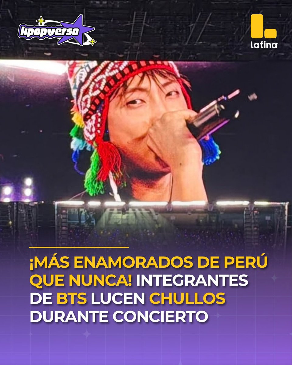Latina_pe's tweet photo. ¡MÁS PERUANOS QUE EL CHULLO! 🧶🇵🇪🥹 Los chicos de BTS terminaron de conquistar nuestros corazones al salir al escenario lucidos con chullos tradicionales peruanos, regalándonos uno de los momentos más hermosos y virales de todo el concierto. ¡El amor y respeto que le mostraron a nuestra cultura fue hermoso! 💜 #BTS_WORLDTOUR_ARİRANG #BTS_WORLDTOUR_ARİRANG_LIMA