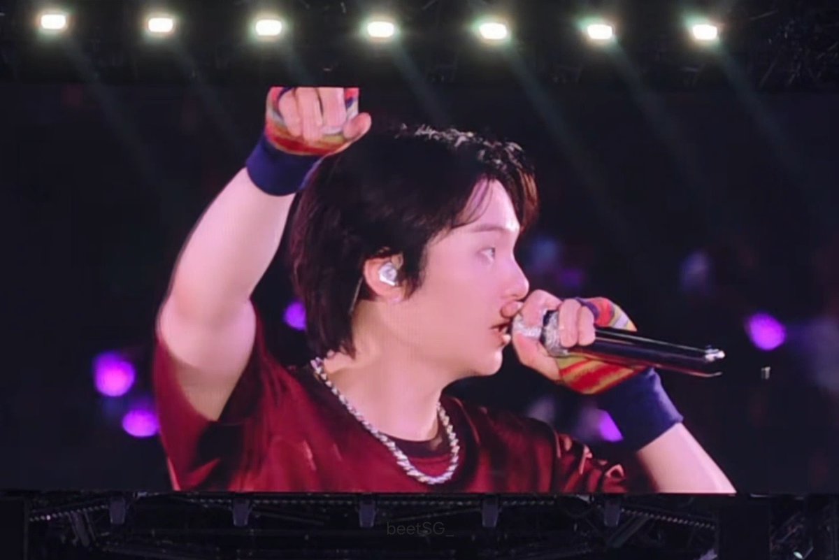 A performer with short dark hair sings into a microphone on stage wearing a red shirt and silver chain, with stage lights visible above.
