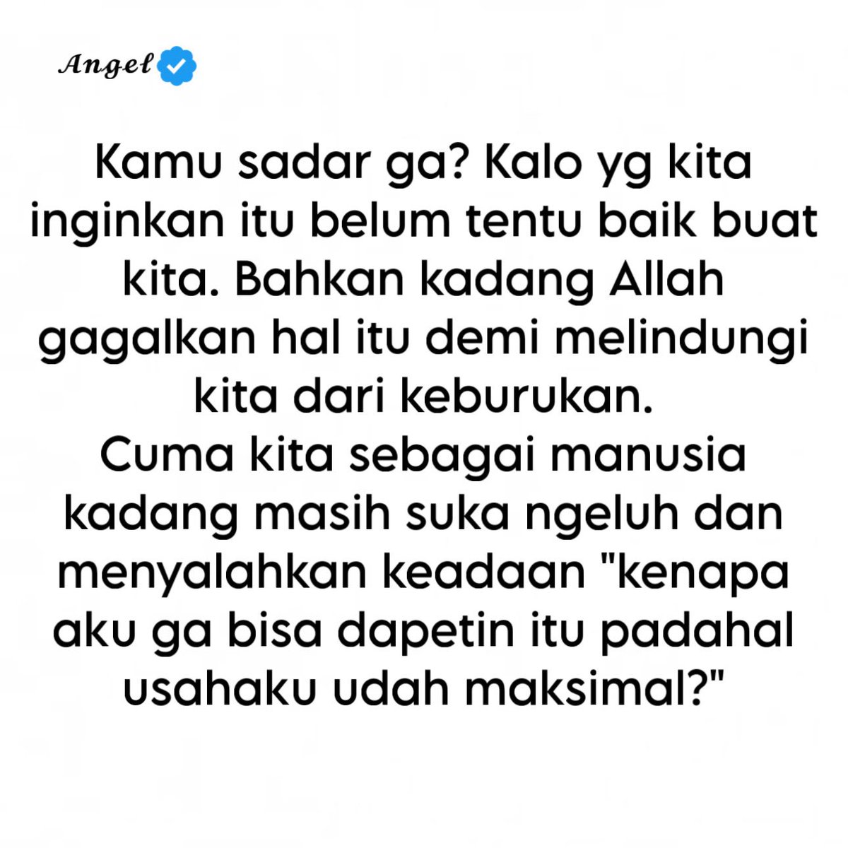 16angelbee's tweet photo. Kadang yg kita inginkan bukan selalu yg terbaik untuk kita. Kita mungkin sudah berharap, berdoa, dan berusaha semaksimal mungkin, tapi hasilnya tetap tidak sesuai. Bisa jadi Allah sedang menahan sesuatu itu bukan untuk menyakiti, melainkan untuk melindungi kita dari hal yang lebih buruk.

Sebagai manusia, kita seringkali tetap mengeluh. Kita bertanya kenapa usaha yang sudah besar belum juga membuahkan hasil, seolah-olah semua harus terjadi sesuai keinginan kita. Padahal, mungkin di balik penolakan itu ada rencana yang lebih baik, meski belum kita pahami sekarang.

Yang sulit adalah belajar percaya bahwa tidak semua yang gagal itu buruk, dan tidak semua yang tertunda itu sia-sia. Kadang, yang tidak kita dapatkan justru sedang menyelamatkan kita dari sesuatu yang lebih menyakitkan.