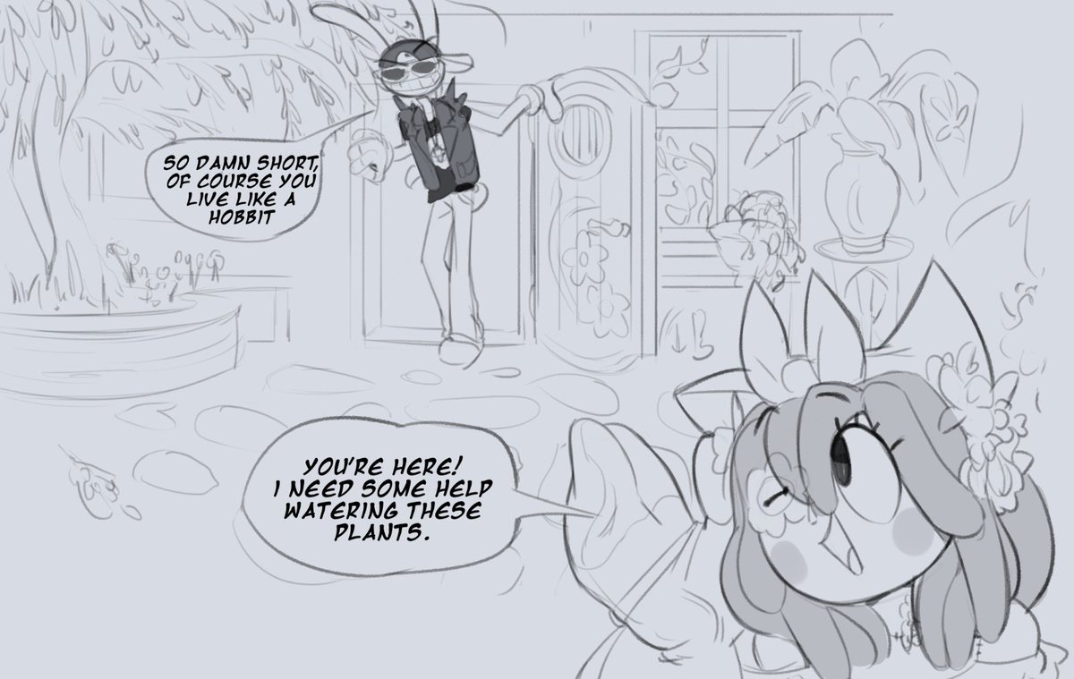 funkiepoop's tweet photo. Metalhead Jax visits Flowergirl Rags' home! 🎸💐
These are inspired by vrchat adventures with my friend 
This might end up being vent art
#bunnydoll #tadcjax https://t.co/1gj5uifPkn
