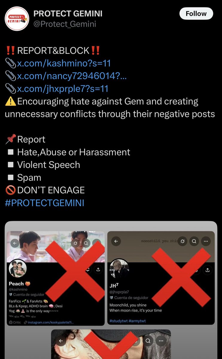 kashmino's tweet photo. Since #GeminiFourth fans won’t let Indian fans move on with peace and they are targeting everyone who stood up against racism, so next time no Indian fans will able to do so and will get scared. Here is the list -who all are racist fans of them who are harassing Indian fans rn!! https://t.co/OUd0o9QwbA