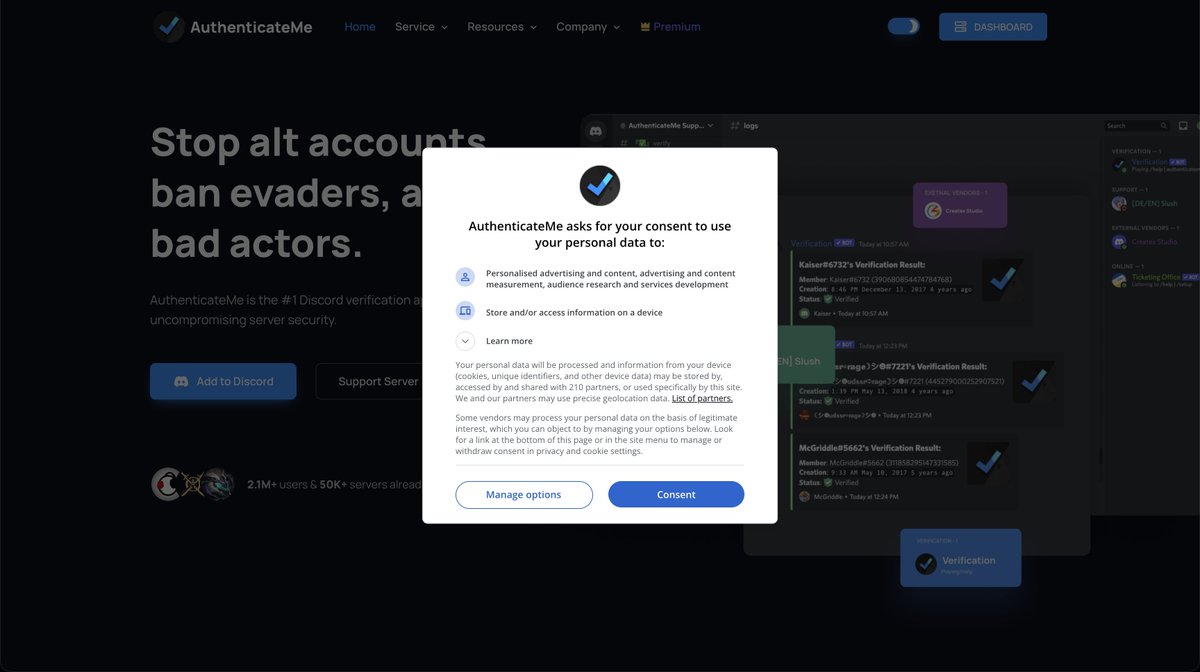 xAuthenticateMe's tweet photo. 1. The consent options are displayed in the center of the screen when you first visit the site.

2. Yes, we do ask users to disable their ad blockers. Once disabled, you can access the consent options and manage the data collected by Google and other advertising vendors. We understand that not everyone is comfortable with ads, which is why we provide those controls.

3. You're right that "Discord blocks MOST disposable email" providers, but not all. Checking for them adds another layer of protection against abuse.

At the end of the day, how do you expect us to cover our operating costs without generating revenue?

Most of our features are completely free. The features that incur additional costs as traffic grows are covered by our Premium subscription, helping us keep the core service accessible to everyone.

We're trying to strike a balance between privacy, security, sustainability, and keeping the service free for as many people as possible.