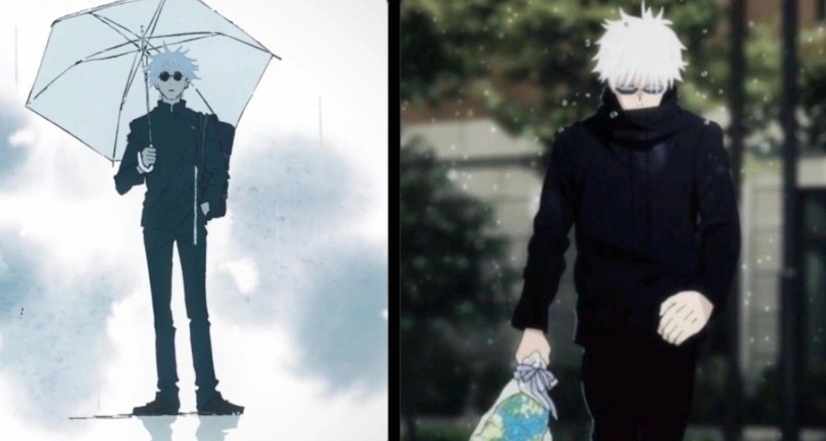 sonasha04's tweet photo. He could have used infinity. You just know he was carrying the umbrella only for Suguru. And being familiar with Mappa's game of following the story and parallels in their openings even in other animes, I truly believe the flowers were for Suguru too. https://t.co/OJBSSbbGcd