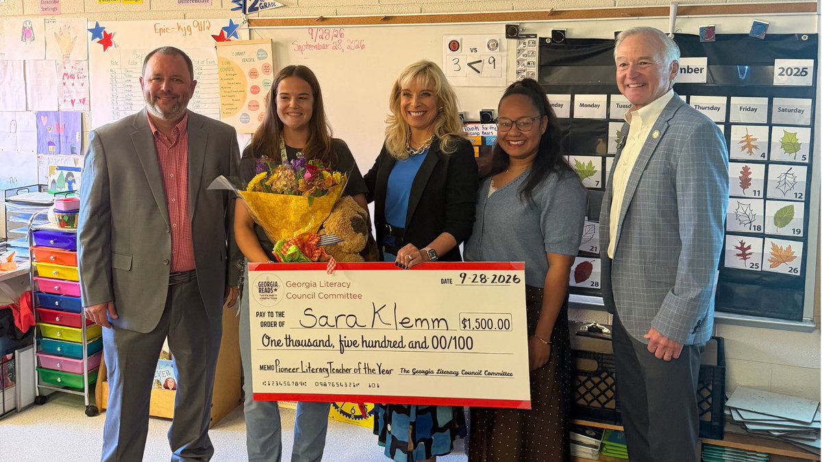 AmiraLearning's tweet photo. Congratulations to Sara Klemm from Baldwin Elementary School in Habersham County, GA. She is the next GA Literacy Teacher of the Year in the Northeast Georgia Pioneer Regional Education Service Agency (RESA).

Amira is a proud sponsor of GA’s Literacy Teacher of the Year honors! https://t.co/Tde6gxUqyQ