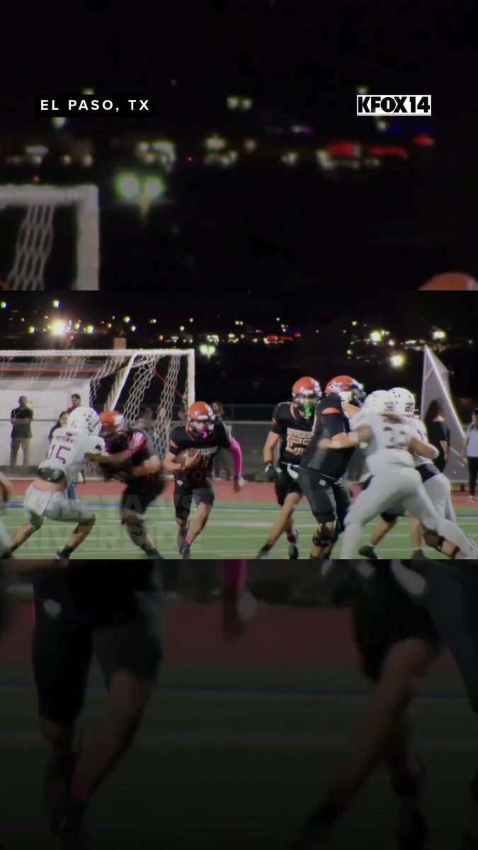 A composite image showing a nighttime high school football game in El Paso, TX (KFOX10), featuring players in black and orange uniforms facing opponents in white, with a football goal post visible.