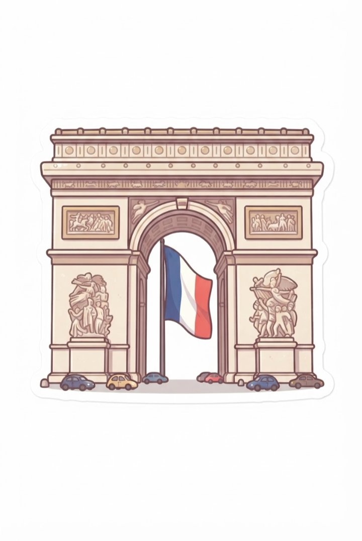 sajid_draws's tweet photo. Paris, but make it cute 🇫🇷 The Arc de Triomphe, a waving flag, and tiny cars going around. New sticker! Custom ones are open, just DM me. https://t.co/rUp5yin4Sb