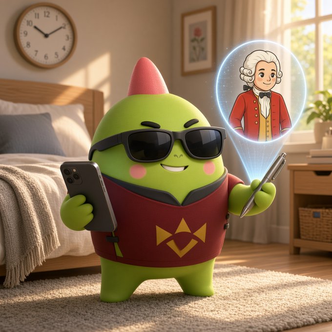 A 3D-rendered green cartoon character wearing sunglasses and a red vest stands in a bedroom while holding a smartphone, projecting a hologram of a historical figure resembling Mozart wearing a powdered wig and red coat.