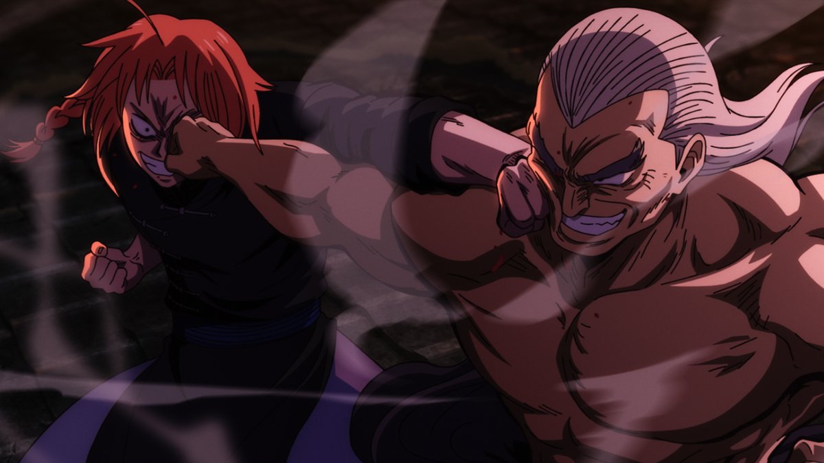 A red-haired fighter in a black martial arts gi throws a powerful punch at a shirtless, white-haired muscular opponent, their fists colliding in a smoky, dimly lit setting. The intense impact and dusty environment visually reinforce the post's warning that the rooftop they're fighting on won't survive their destructive battle.
