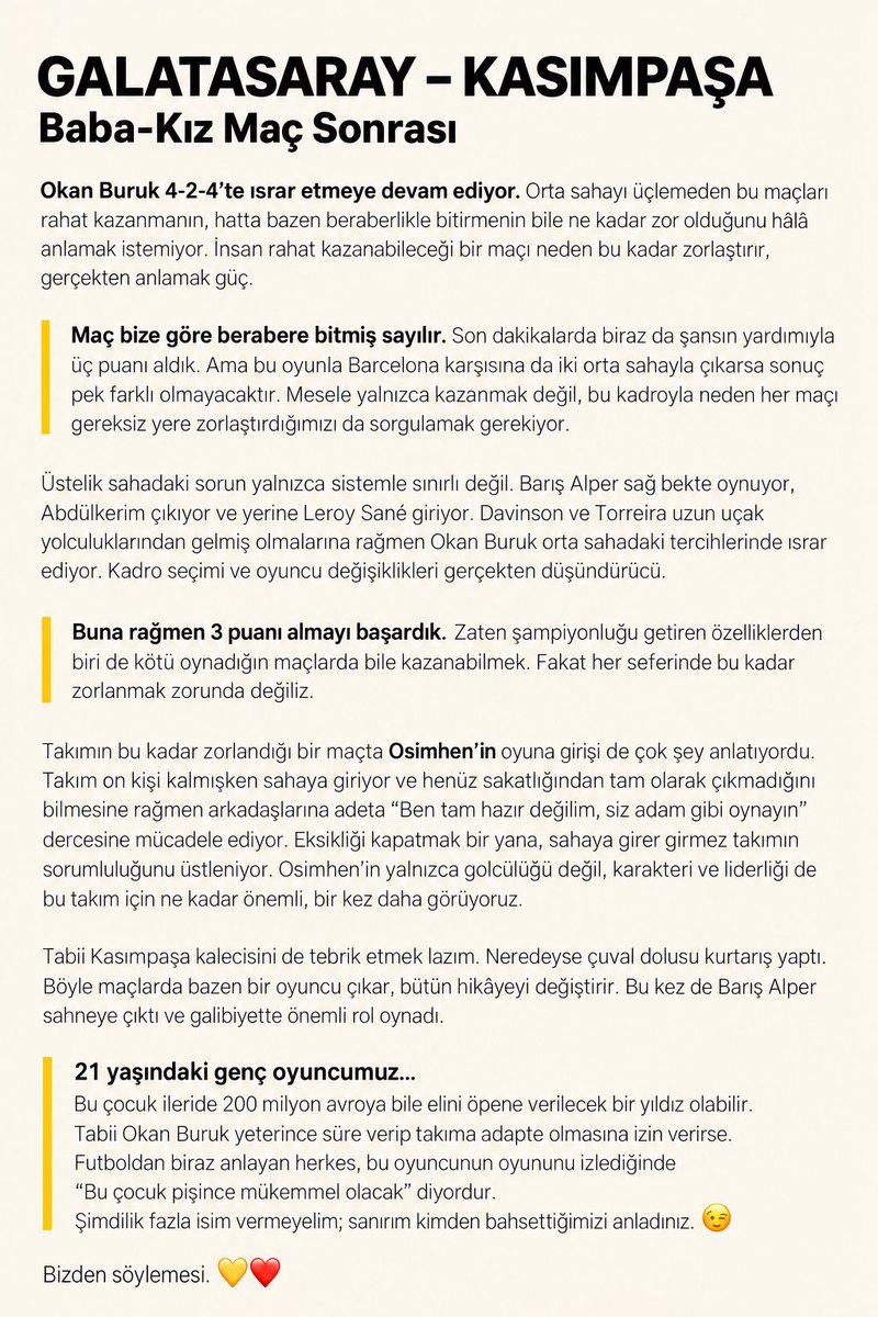 ayshagunal's tweet photo. Galatasaray kazandı ama sorularımız bitmedi. Şampiyonluğu getiren taraftarın bu hırsı olsa gerek :)
Okan’ın sistemi, Osimhen’in liderliği ve geleceğin yıldızı üzerine bu kez baba-kız yorumumuz. 👇🏻🟡🔴
#Galatasaray #BabaKızMaçSonrası #GSvsKSP https://t.co/E1bfT3Rx26