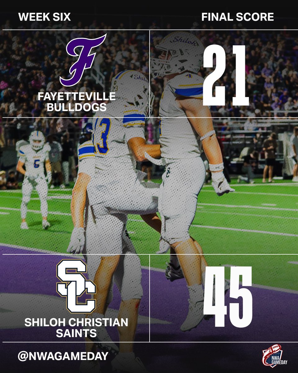 NWAGameday's tweet photo. 🚨 FINAL SCORE 🚨

🏈 Shiloh Christian 45 
🏈 Fayetteville 21

The Saints take care of business and move on with a big Week 6 victory. #nwagameday #shilohfootball🏈 #highschoolfootball https://t.co/MbRKUkXoqd
