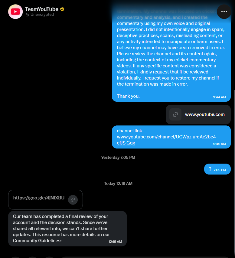 samxkh8's tweet photo. I keep receiving the same response even though I haven't violated any rules If I have made a mistake please clearly explain what it was. Was deleting the entire channel the right move? If there was an issue with a specificvideo only that video could have been deleted @TeamYouTube https://t.co/5xw7nigXdU