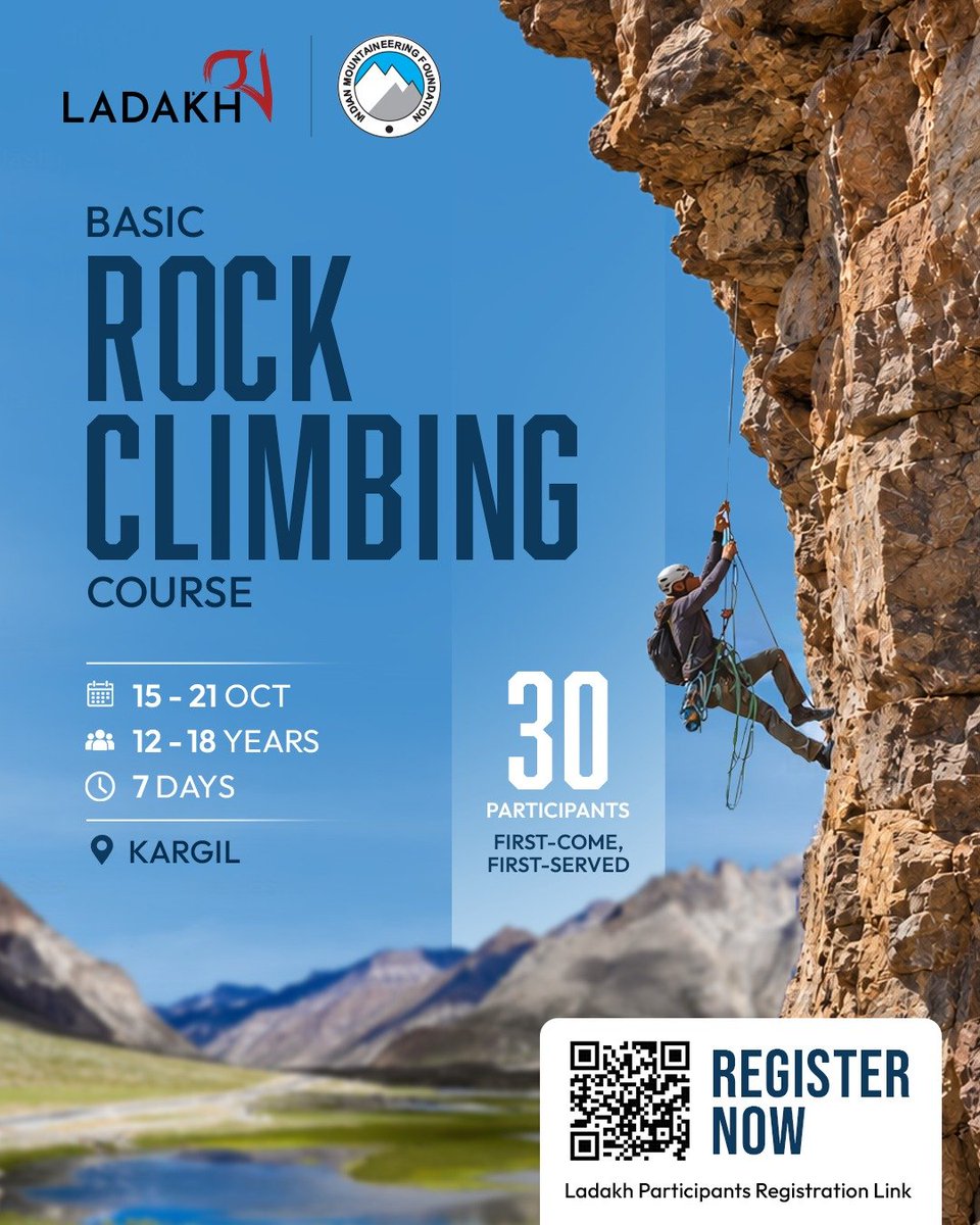 DIPR_Kargil's tweet photo. 🧗‍♂️ Basic Rock Climbing Course in Kargil!

The Department of Tourism, UT Ladakh, in collaboration with the Indian Mountaineering Foundation (IMF), is organising a 7-day Basic Rock Climbing Course in Kargil from 15 to 21 October 2026.

https://t.co/tJP52kG3HF https://t.co/r9tCQGRFa4