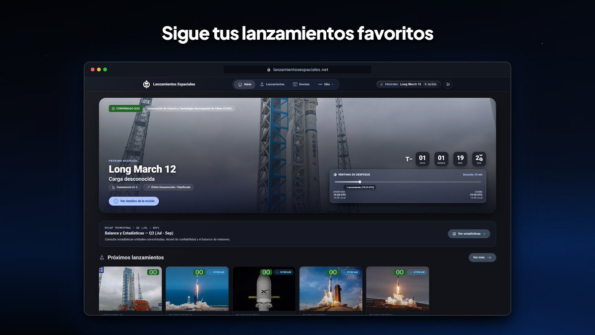 LanzamientosE's tweet photo. 🚀 ¡Anunciamos https://t.co/XAGNT6K4Os! 

Una web con el calendario completo de próximos lanzamientos, más de 6000 históricos, eventos espaciales, datos de astronautas y de todos los cohetes que han volado o van a volar. ¡Los esperamos! https://t.co/pUF9DvOoA8 https://t.co/SGc7nbRFIl