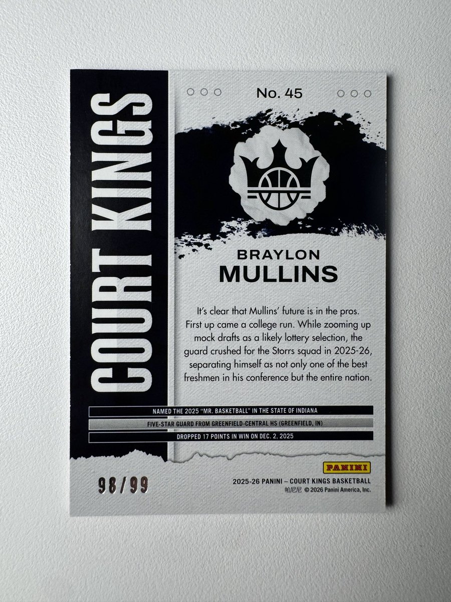 MattyfRips's tweet photo. Braylon Mullins

Panini Court Kings /99

Kids gonna be a stud in the NBA! 

UConn Huskies https://t.co/aRqfuEAn4V