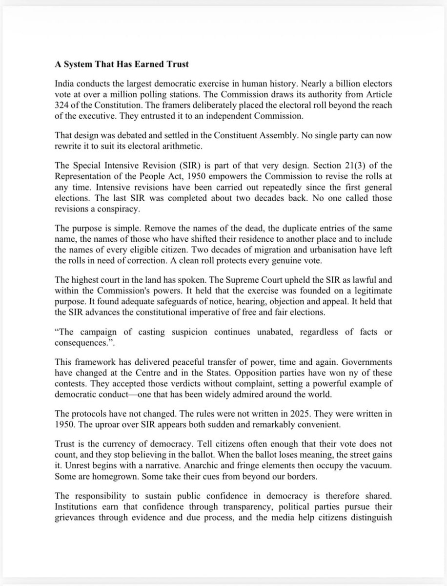 smritiirani's tweet photo. Why the Open Letter by 42 Former Judges Concerns Every Citizen

In public governance and democratic systems, institutional integrity is the hardest asset to build and the easiest to compromise for transient gains.

Over the past months, we have witnessed an unsettling normalisation of performative outrage, where constitutional bodies are systematically vilified the moment an electoral outcome does not align with partisan calculations.

This is why the recent open appeal by 42 former judges and retired constitutional veterans must be treated as an urgent civic reckoning. Their message cuts directly to the core of the issue stating that criticism of institutions is an essential democratic right, but persistent, evidence-free denigration fundamentally is NOT.

What makes this pattern particularly dangerous is the deliberate conflation of legitimate legal scrutiny with manufactured political spectacle. Grievances that ought to be submitted through sworn affidavits and substantiated before a court of law are instead played out in high-decibel press conferences.

Routine administrative procedures, such as the Special Intensive Revision under the Representation of the People Act, a statutory exercise designed to cleanse voter rolls of deceased entries and duplicate records, are opportunistically rebranded as conspiracies, despite having stood the rigorous test of time and constitutional scrutiny by the Supreme Court of India.

When victories achieved under the very same electoral framework are celebrated without question, but defeats are greeted with claims of systemic fraud, the intent is clearly not reform. It is a calculated bid to sow confusion.

As professionals, thinkers, and citizens, we must be vigilant about the broader cost of this political bad faith. As the jurists soberly warned, trust is the foundational currency of democracy, and when the ballot is continuously delegitimised, the vacuum is invariably occupied by instability and fringe forces.

Our constitutional watchdogs do not belong to political factions. They belong to the people of India, and safeguarding their integrity from performative cynicism is our duty as responsible citizens.