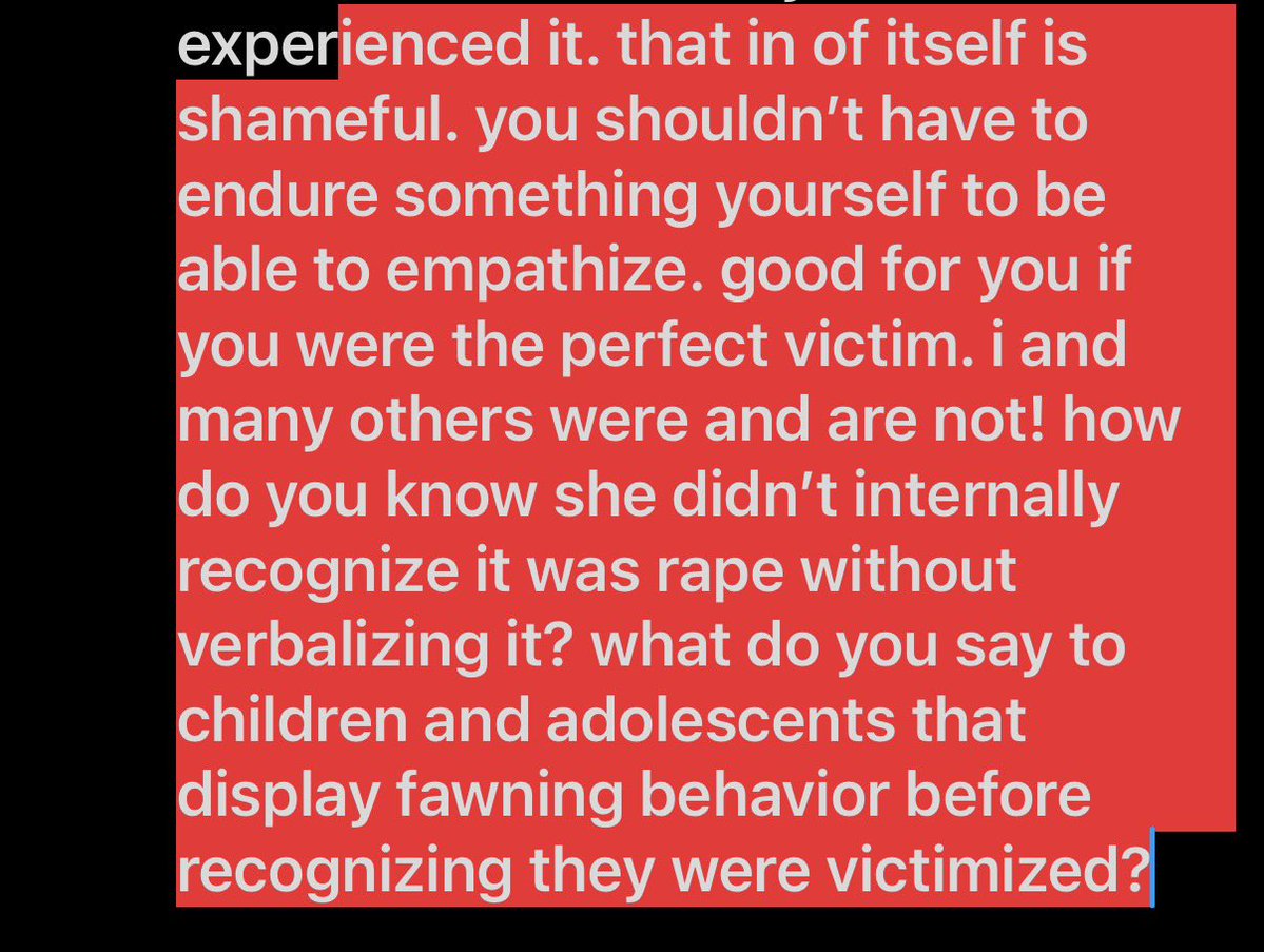 bruisedfae88's tweet photo. @SmashCarm @viosumii again, you are not the only person to have ever been victimized. i agree fawning isn’t a normal response because being raped isn’t normal. there is no one true correct way to respond to being raped, because it is not normal!!! you simply don’t understand because you haven’t https://t.co/PLu5BPVU1a