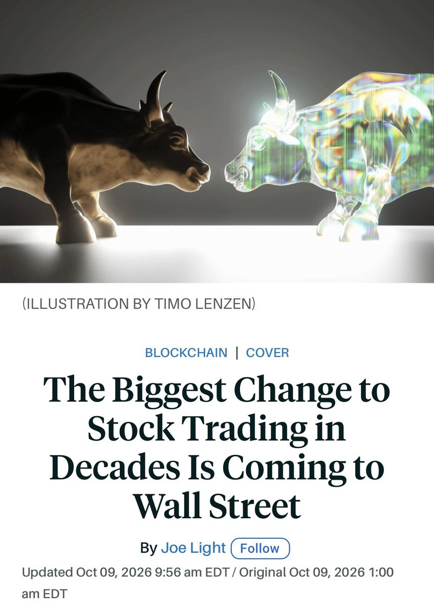 NateGeraci's tweet photo. Barron’s, which might be *the* tradfi publication, is running a cover story on tokenization…

Some quotes:

“Crypto technology is moving from the fringes toward the center of finance, whether or not legislators approve.”

“This is a watershed moment.” 

“I would hope that Wall Street as Wall Street still exists, but it will have to do business differently.”

“The goal of tokenized equity is to move the markets to an always-on economy.”

“Tokenization will represent the biggest upgrade to our financial system since we moved from paper to electronic trading.”

If you still can’t see that financial markets are heading toward full tokenization, not sure what to tell you at this point.

via @joelight