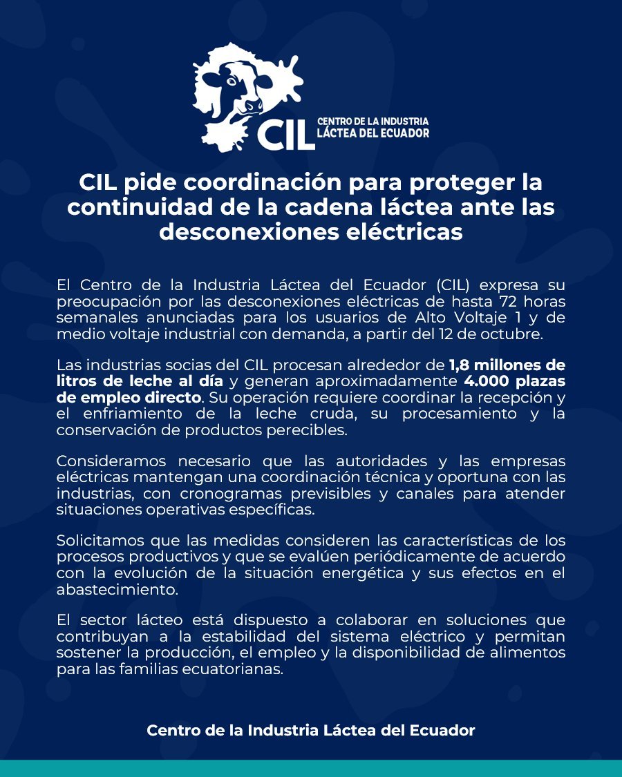 AlmaMiaEcu's tweet photo. Los Industriales Lácteos del país advierten de los estragos que generarán las desconexiones eléctricas de 72 horas.

4.000 puestos de trabajos directos se podrían afectar y 1.8 millones de litros de leche diarios se perderían.

El Nuevo Ecuador de Noboa es inepto. https://t.co/7JYPJWn7Hd