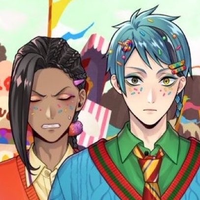 Dr0wsyRoses's tweet photo. Twst fun fact: their eyeshadow is the lesbian and gay flags to show that they support the lgbtq+ community https://t.co/aOkzhW6sZp