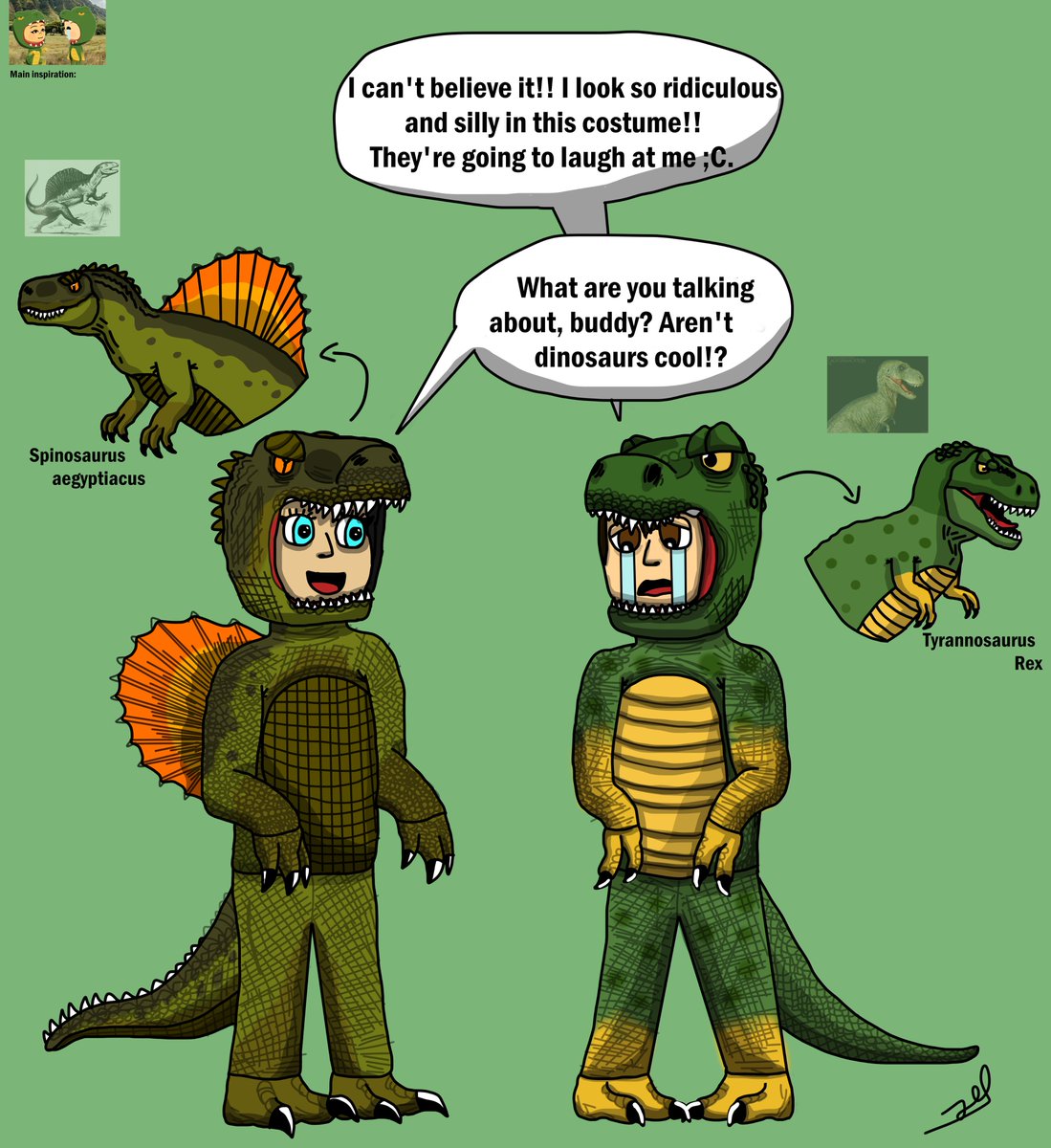 JaimenivoresD's tweet photo. Cassidy and Evan Afton (CC) dressed as Spinosaurus and Tyrannosaurus!! (With 1980s-style designs)
+ Spanish version. @Anna_HolOl 
#dinosaurs #fnaffanart #cassidyfnaf #evanafton #cryingchild #spinosaurus #tyrannosaurus #retrosaurus #digitalart ㅤㅤㅤㅤ https://t.co/VGESXRQ6YV