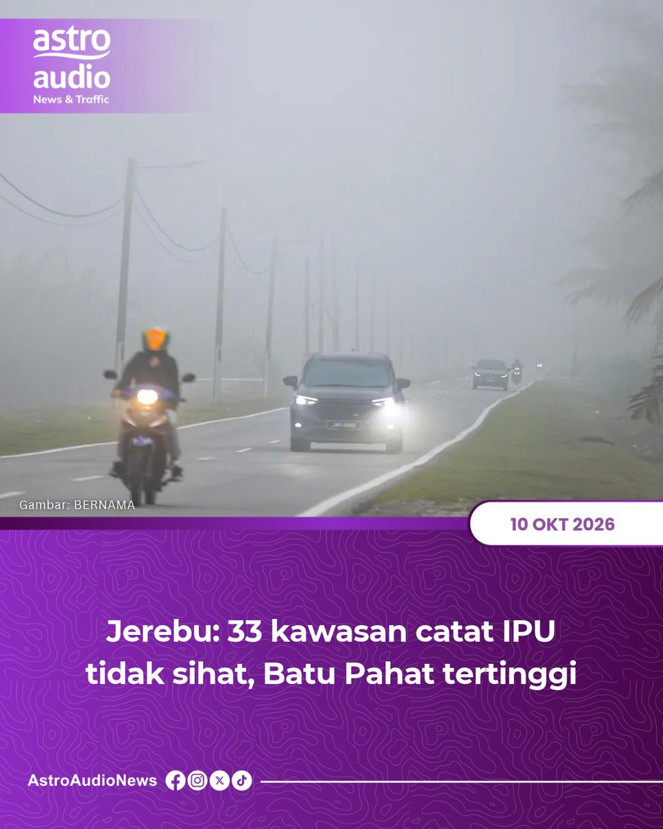 AstroAudioNews's tweet photo. Sebanyak 33 kawasan di seluruh negara merekodkan bacaan IPU pada tahap tidak sihat, dengan Batu Pahat, Johor mencatat bacaan tertinggi iaitu 189.

#AstroAudioNews #Jerebu https://t.co/DQ7WKxOF3G