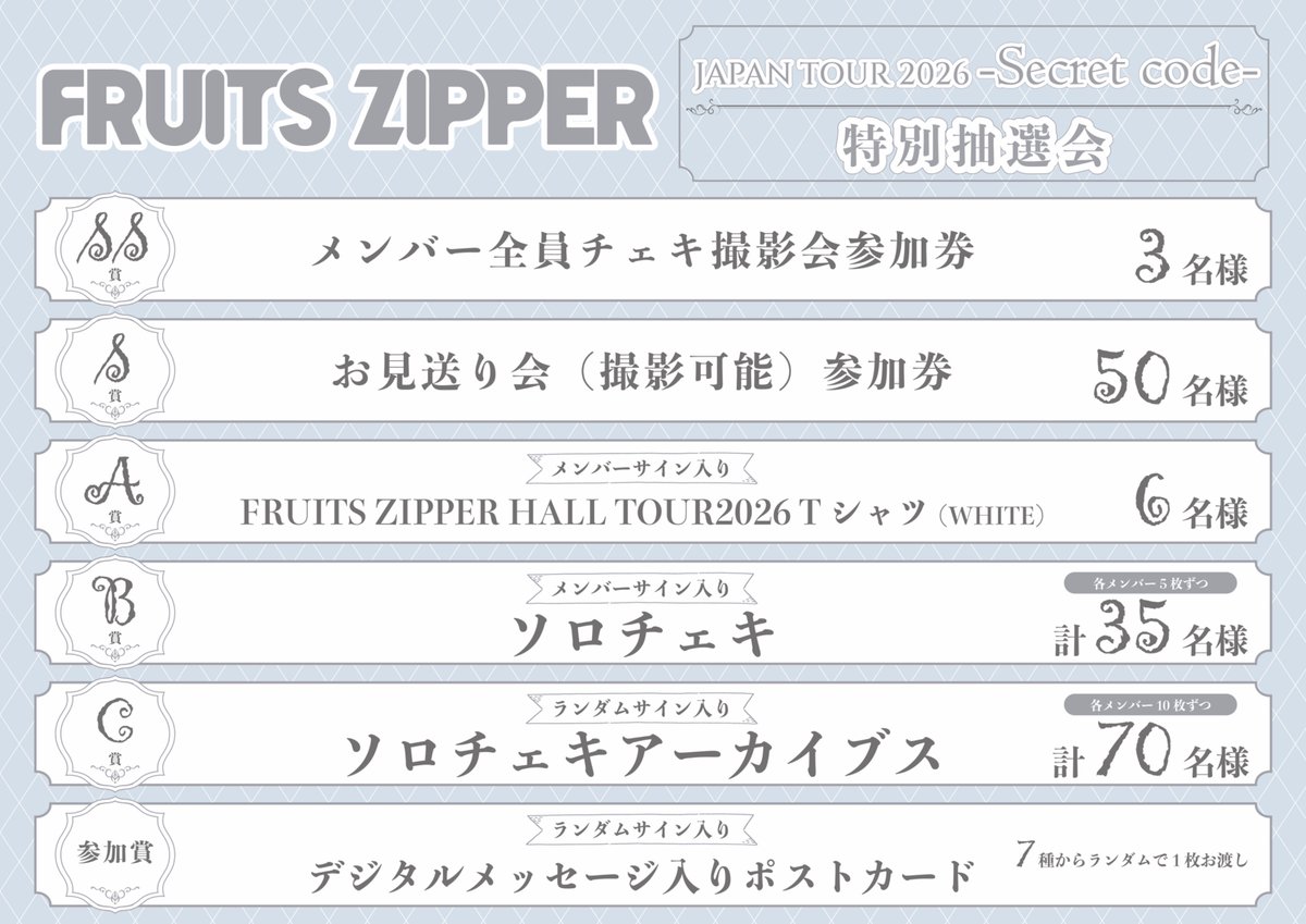 FRUITS_ZIPPER's tweet photo. ✨🎤 \ ホールツアー石川・香川・愛媛 特別抽選会実施決定 / 💿✨

10/11(日) 石川公演・10/13(火)香川公演 ・10/15(木)愛媛公演
ホールツアー会場にて「FRUITS ZIPPER 5th single」の購入者を対象に、豪華景品が当たる抽選会の開催が決定！🎯

▼10/11(日) 石川公演
📍本多の森北電ホール
📅先行販売時間：10/11(日) 14:00~16:30(予定)
🔗詳細はこちら
https://t.co/eW7pYjpyWY

▼10/13(火)香川公演
📍レクザムホール 大ホール（香川県県民ホール）
📅先行販売時間：10/13(火) 14:00~17:00(予定)
🔗詳細はこちら
https://t.co/58XJKotGqL

▼10/15(木)愛媛公演
📍松山市民会館 大ホール 
📅先行販売時間：10/15(木) 14:00~17:00(予定)
🔗詳細はこちら
https://t.co/2cIwpM3J2a

SS賞はふるっぱーと一緒に撮影できるチェキ会📸
S賞は撮影可能お見送り会です🎉

✨抽選景品
📸SS賞：メンバー全員チェキ撮影会参加券
📱S賞：お見送り会(撮影可能)参加券
✍️A賞：メンバーサイン入り FRUITS ZIPPER HALL TOUR2026 Tシャツ
📷B賞：メンバーサイン入り ソロチェキ
🎞️C賞：ソロチェキアーカイブス(ランダムサイン入り)
🎁参加賞：デジタルメッセージ入りポストカード(ランダムサイン入り)

ライブチケットをお持ちでない方も抽選会にご参加いただけます✨
詳細をご覧の上、ぜひご参加ください🗳️
※SS賞、S賞は前売り券をお持ちの方のみがご参加いただけます。

#ふるっぱーと全国ツアー2026
#FRUITSZIPPER #ふるっぱー
#フルーツジッパー