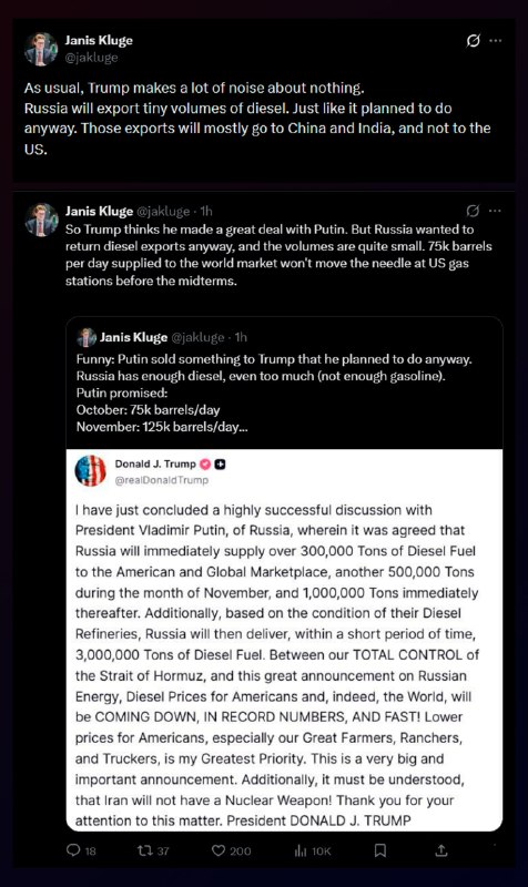 LetsArmUKR's tweet photo. Trump calls it a breakthrough. The math says Putin handed him a pile of surplus he already needed to dump.

THE CONCESSION THAT WASN'T

Janis Kluge, the economist who has devoted this war to reconstructing Russian budget and recruitment data, breaks down what actually happened. Russia has a diesel glut, not a shortage.

The Kremlin's real fuel problem is gasoline. Diesel was already piling up, and with the harvest season ending, agricultural demand drops further.

The surplus was going to grow no matter what Trump said on the call.

Interfax reported on October 6, three days before Trump's announcement, that Russian authorities were already considering a partial lift of the diesel export ban in October for select producers.

The goal was simple: avoid overstocking refineries. Putin did not give Trump anything.

He monetized a logistics problem.

THE BARRELS PER DAY

Trump's numbers sound large until you convert them.

300,000 tons in October is 75,000 barrels per day.

500,000 tons in November is 125,000 barrels per day.

One million tons in December is 250,000 barrels per day.

Russia exported 500,000 to 600,000 barrels of diesel per day last year. Even the December figure is less than half of normal Russian export volume.

This barely changes American pump prices within the global market.

THE PRICE TAG

What Putin actually gets is sanctions relief through legitimized diesel transactions, export revenue while his budget is under severe pressure, and political capital with Trump, who gets to claim a victory before the midterms.

Kluge's read is blunt: Trump is making a lot of noise about nothing. The diesel will mostly flow to China and India, not American filling stations.

The framing about deliveries to the American market is misleading.

Putin sacrificed nothing. He sold the same surplus he was already preparing to export and got paid in sanctions erosion and a photo-ready win for Trump.