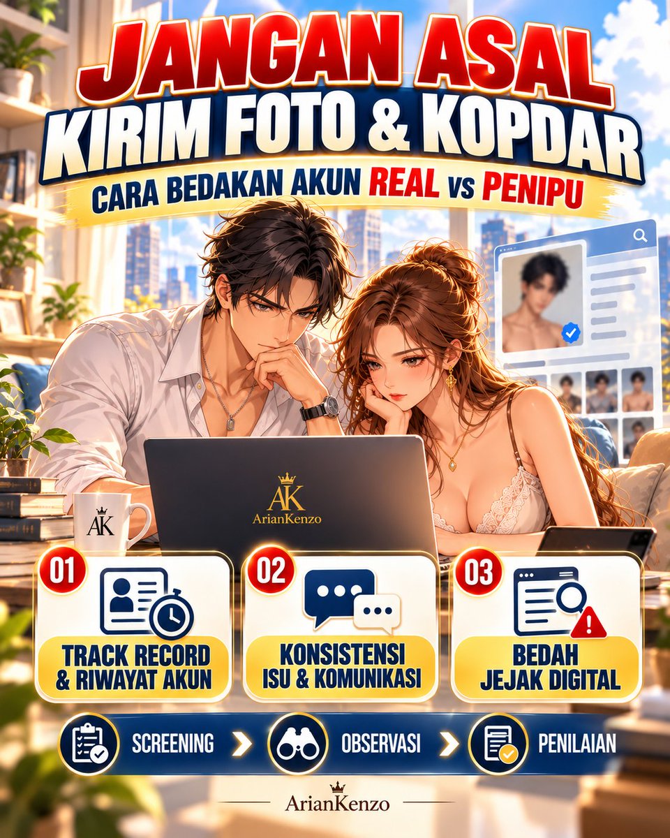 ArianKenzo's tweet photo. 🚨 Jangan Asal Kirim Foto & Kopdar! Ini Cara Bedakan Akun Real vs Penipu/Faker

Daripada gue posting foto wife atau foto/video event 3S kami dan partner, mending gue posting ini aja ya. Supaya kalian semua cepet pinter ngalter dan gak mudah di tipu

Banyak yang ragu saat mau kirim foto, tapi ada yang malah kebelet tuker foto atau nekat langsung ajak ketemuan tanpa sadar sedang menyerahkan diri ke lobang jebakan

Padahal, mau kirim foto atau mau kopdar, hukum utamanya sama: SCREENING & OBSERVASI MENDALAM

Gimana cara tau suatu akun itu asli, aman, dan layak dipercaya? Menurut pengalaman kami ada 3 kuncinya:

1. Cek Track Record & Riwayat Akun
Lihat sejak kapan akunnya dibuat, bagaimana konsistensi postingannya, dan cara dia berinteraksi dengan akun-akun lain di TL. Akun dengan reputasi panjang dan rekam jejak bersih jauh lebih layak dipercaya dibanding akun kemarin sore yang baru buat dan gak jelas asal-usulnya

2. Amati Konsistensi Isu & Gaya Komunikasi
Visual bisa dipalsukan, tapi gaya bahasa, sudut pandang, attitude, dan detail cerita seseorang dalam jangka panjang itu GAK BISA di-setting instan. Dari pola komunikasinya, kita bisa menilai personality dan keselarasan vibes-nya, asli atau cuma rakitan akan kerasa

3. Bedah Jejak Digitalnya
Riset kecil-kecilan itu wajib. Apakah akun tersebut punya rekam jejak negatif? Pernah ada kasus drama, sebar privasi orang lain, atau indikasi pemerasan? 

Dari hasil screening menyeluruh itulah baru kita bisa menilai secara objektif: apakah akun tersebut layak diajak komunikasi, aman buat kirim foto, atau justru indikasi penipu/faker yang berbahaya

Kuncinya ada di KETELITIAN, KEHATI-HATIAN dan KESABARAN, bukan nekat pasrah langsung percaya apalagi nekat ketemuan ☕🍷