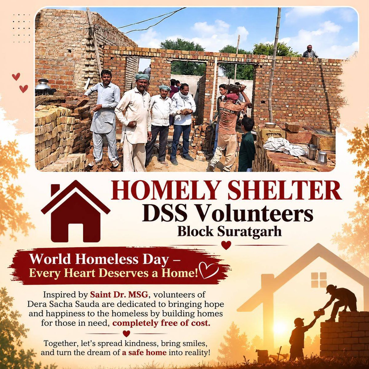 chawla_manju's tweet photo. A home provides physical protection,emotional stability,and a foundation for personal growth.The Homely Shelter initiative by Dera Sacha Sauda builds free, homes for  destitutes,Over 1900 houses built so far,under the guidance of Saint Gurmeet Ram Rahim Singh Ji
#WorldHomelessDay https://t.co/PLSyClFTJP