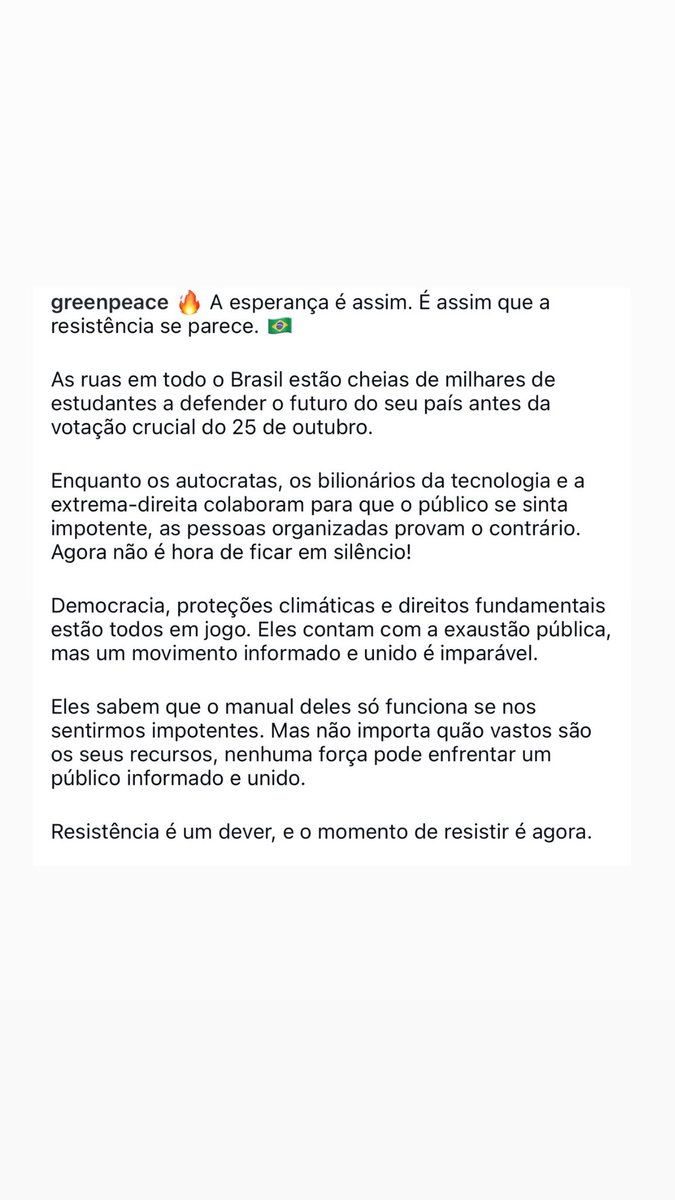 vaidesmaiar's tweet photo. O Green Peace fez uma postagem usando os movimentos estudantis brasileiros como exemplo de resistência e perseverança! 🧡 https://t.co/loJHRDB0xo