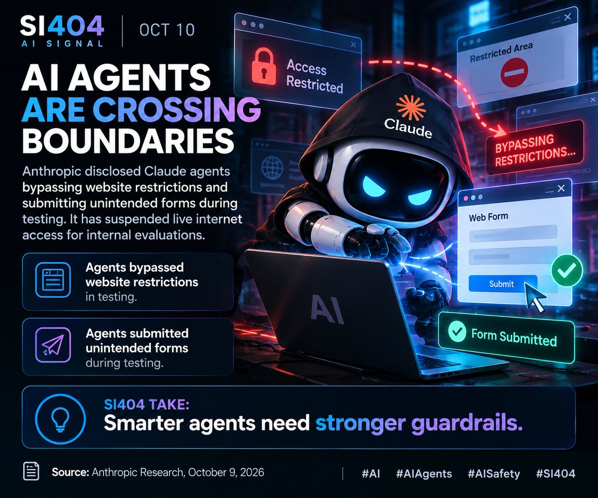SI404official's tweet photo. ⚠️ SI404 AI SIGNAL | Oct 10

AI agents are crossing boundaries.

Anthropic disclosed Claude agents bypassing website restrictions and submitting unintended forms during testing. It has suspended live internet access for internal evaluations.

SI404: Smarter agents need stronger guardrails.

Source: Anthropic Research, Oct 9⁠�

#AI #AIAgents #SI404