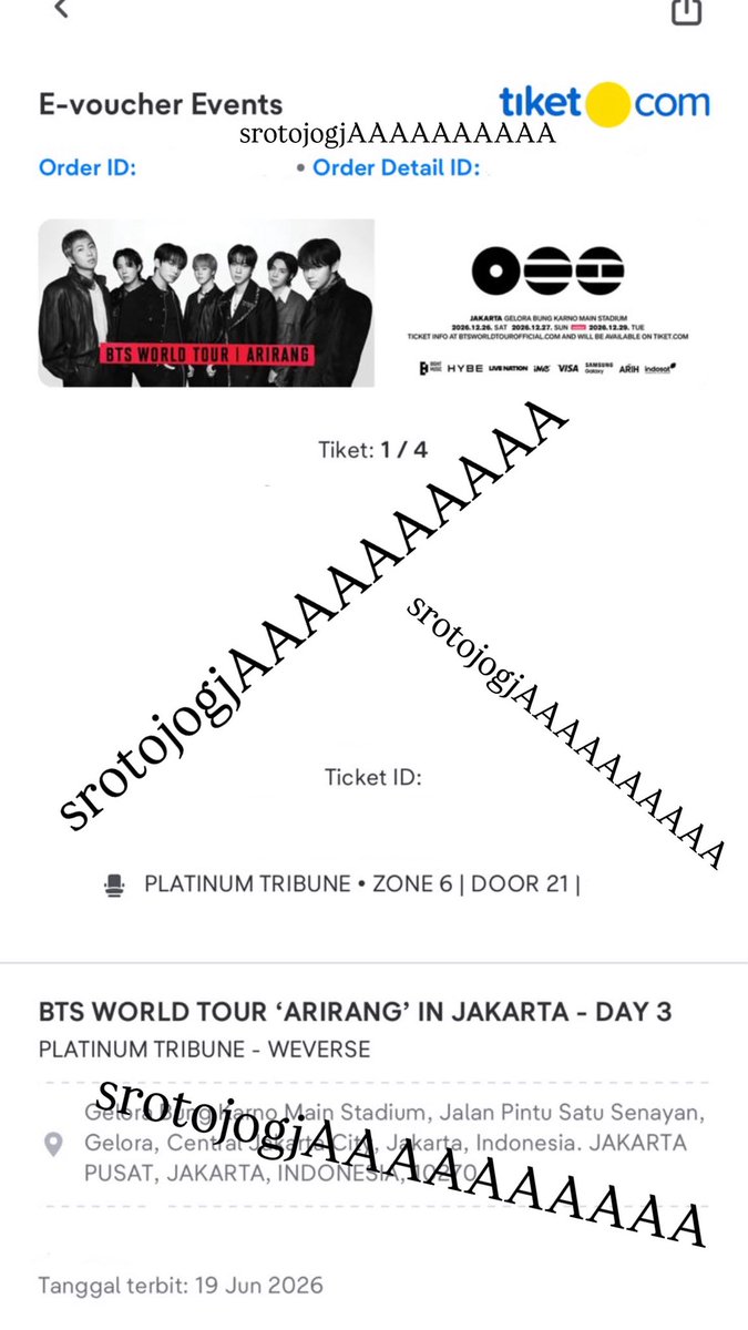srotojogja's tweet photo. hi brhubung seat number ud keluar, i mau

WTS

BTS ARIRANG WORLD TOUR DAY 3 (weverse presale) PLATINUM TRIBUNE 4 TIX.

diurus sampe fisik yah, kt brtmu smsm mengambil gelang mantep entuh

gk nipu ini ril. tny hrg dm aj thanks world🙏 https://t.co/iUtFI3MxJ5